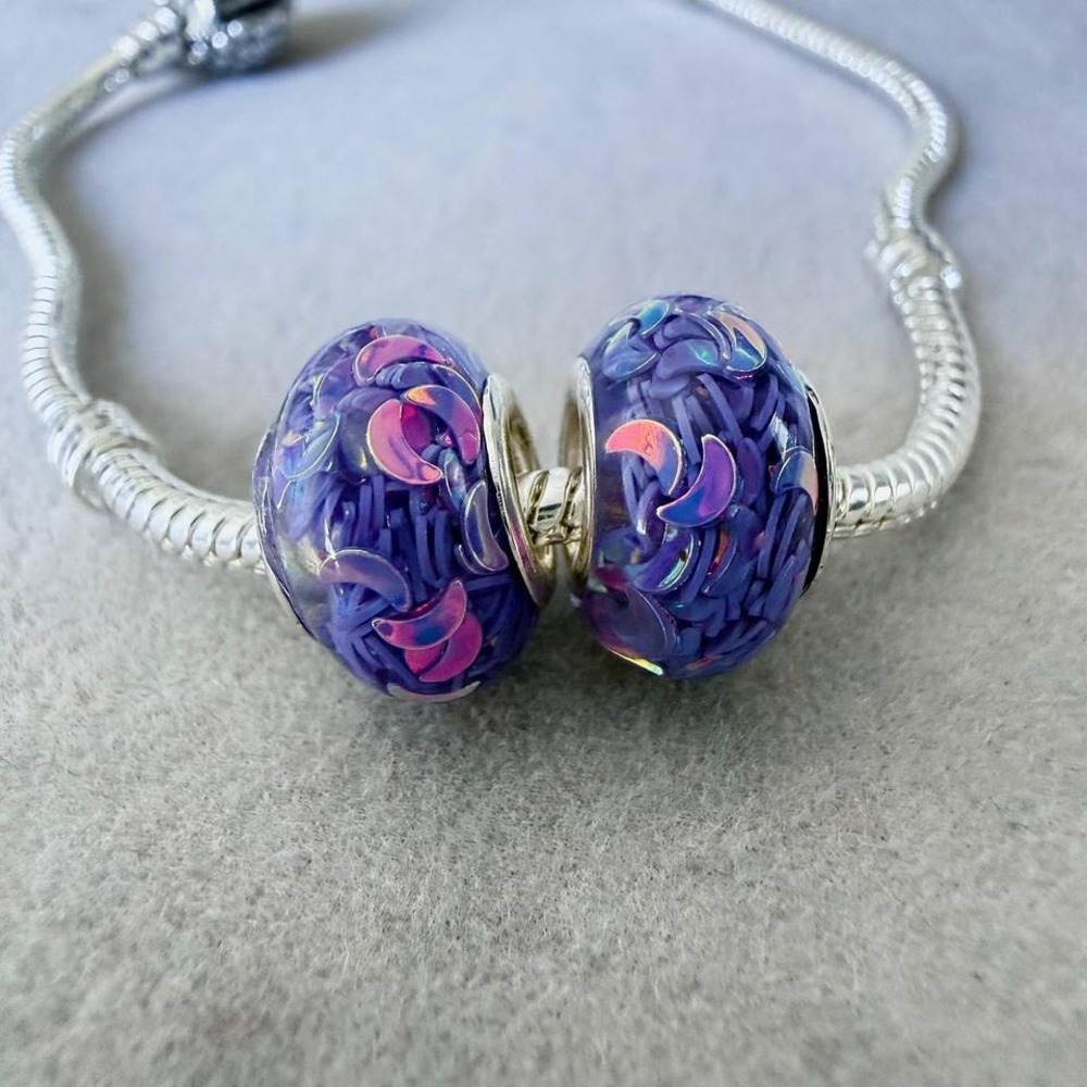 Purple Iridescent Crescent Moon Murano Glass Charms fits PANDORA Set of 2 - Picture 2 of 6